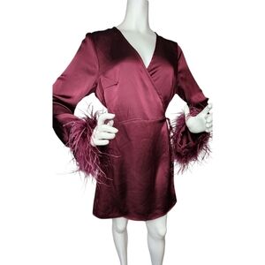 NWT Glamorous Burgundy Satin Feather Trim Wrap Mini Dress Size Large